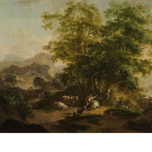 CAREL VAN FALENS (maniera di) (Anversa, 1683 - Parigi, 1733)<br>Paesaggio con scena di corteggiament