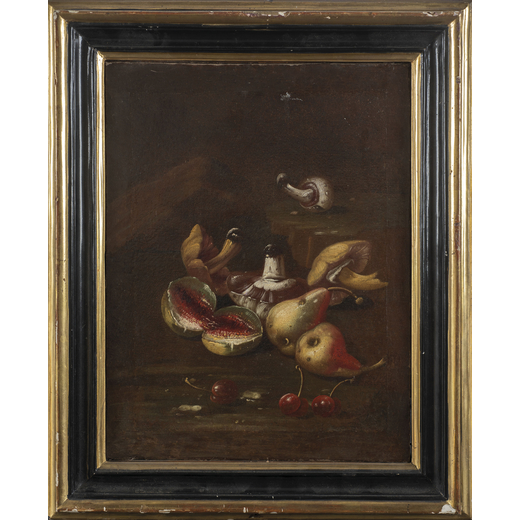 PITTORE TOSCANO DEL XVII-XVIII SECOLO Natura morta con funghi, fichi e ciliegie<br>Olio su tela, cm 