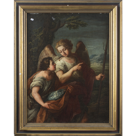 ANDREA LOCATELLI (attr. a) (Roma, 1695 - 1741)<br>Tobiolo e lAngelo<br>Olio su tela, cm 65X48