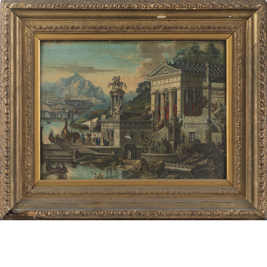 PITTORE DEL XVIII-XIX SECOLO  Veduta con palazzo di fantasia<br>Olio su tavola, cm 32X43