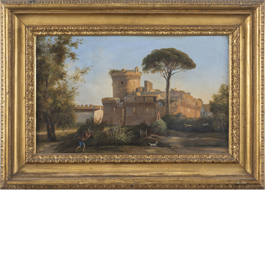 PITTORE DEL XVIII-XIX SECOLO Veduta della Rocca di Ostia con cacciatore<br>Olio su tela, cm 28X44