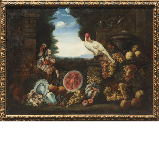 FRANCESCO LAVAGNA (attr. a) (Napoli, 1684 - 1724)<br>Natura morta con frutti, fiori e tacchino<br>Ol