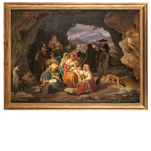 JOHAN PETER RAADSIG Copenaghen, 1806 - 1882<br>Paesaggio romano con viandanti al riparo dal temporal