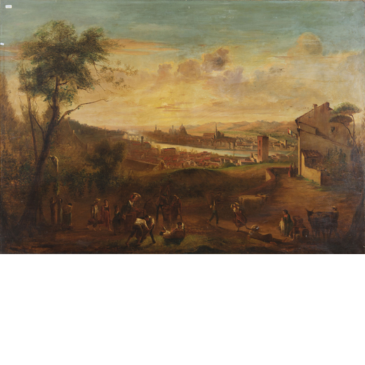 PITTORE DEL XIX SECOLO Veduta di Firenze<br>Olio su tela, cm 104X150