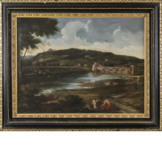 GIOVANNI BATTISTA BUSIRI (attr. a) (Roma, 1698 - 1757)<br>Veduta di Ponte Milvio<br>Olio su tela, cm