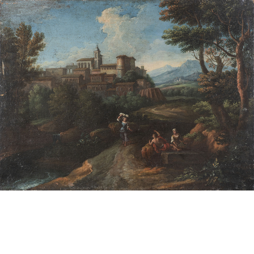 MARCANTONIO SARDI (documentato a Roma dal 1711 al 1733)<br>Paesaggio laziale<br>Olio su tela, cm 48,
