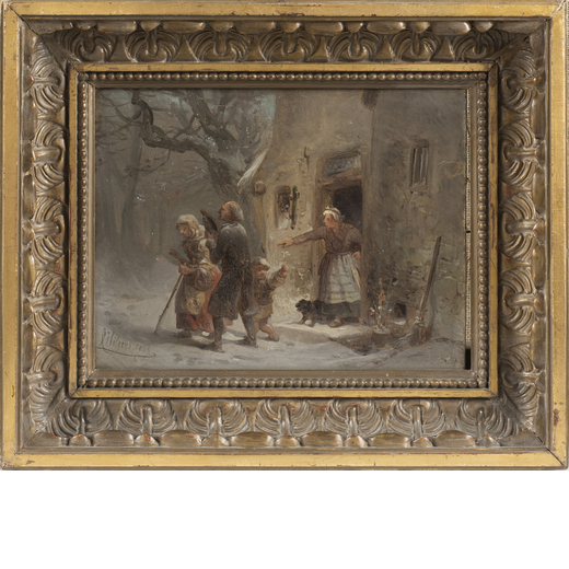 CARL HILGERS Germania 1818 - 1890<br>Paesaggio invernale con figure<br>Firmato C Hilgers e datato 18