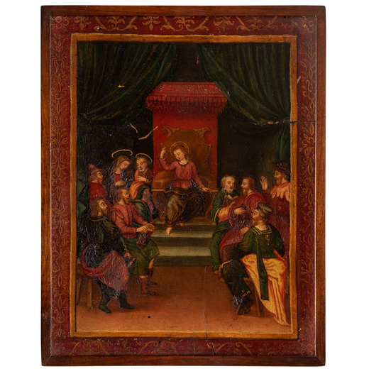 PITTORE LOMBARDO DEL XV SECOLO Disputa tra Gesù e i Dottori nel Tempio <br>Olio su tavola, cm 26,5X