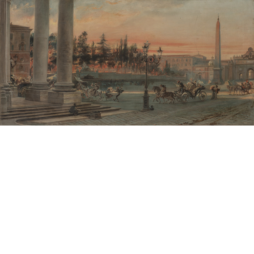 PITTORE DEL XIX SECOLO <br>Veduta di Piazza del Popolo con carrozze <br>Olio su tela, cm 55X110