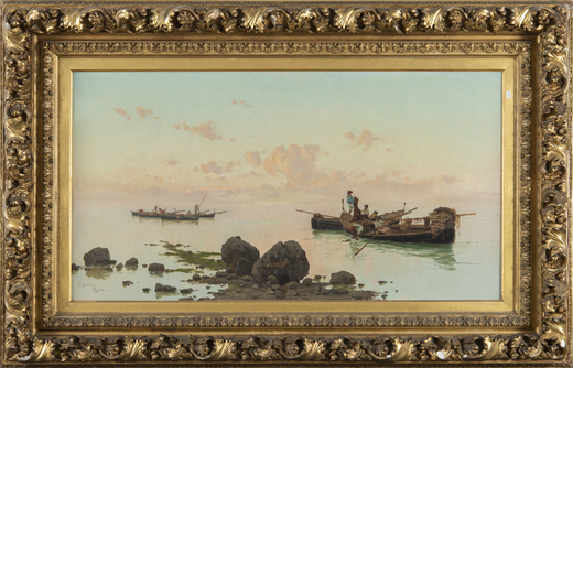 PIETRO BARUCCI Roma, 1845 - 1917<br>Pesca al tramonto<br>Firmato P Barucci, Roma in basso a sinistra