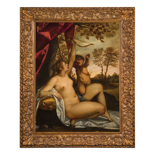 JACOPO NEGRETTI detto PALMA IL GIOVANE  (Venezia, 1548/1550 - 1628) <br>Venere disarma Amore<br>Olio