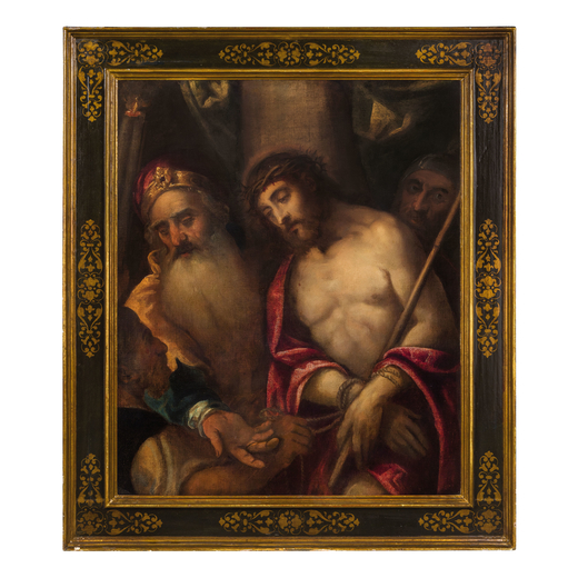 ANDREA VICENTINO (Vicenza, 1542 circa - Venezia, 1618)<br>Ecce Homo<br>Olio su tela, cm 115X93