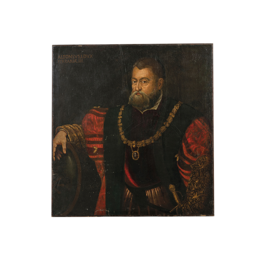 PITTORE FERRARESE DEL XVII SECOLO Ritratto di Alfonso I di Ferrara<br>Olio su tela, cm 105X100