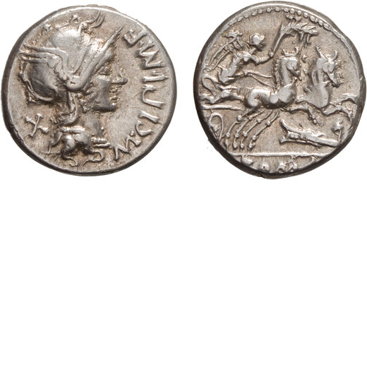 MONETE ROMANE REPUBBLICANE. GENS CIPIA. DENARIO  M. Cipius M. f. (115-114 a.C.)<br>Argento, 3,93 gr,