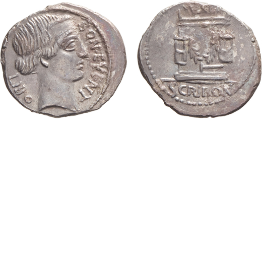 MONETE ROMANE REPUBBLICANE. GENS SCRIBONIA. DENARIO  L. Scribonius Libo (62 a.C.)<br>Argento, 3,87 g