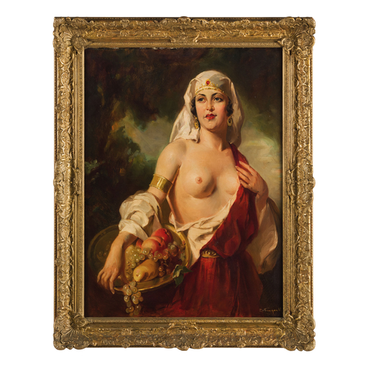 PITTORE DEL XIX SECOLO <br>Figura femminile con cesto di frutta<br>Olio su tela, cm 80X60
