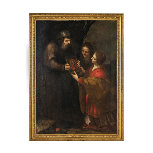 LUCIANO BORZONE (Genova, 1590 - 1645)<br>La conversione di Santa Caterina dAlessandria<br>Olio su te
