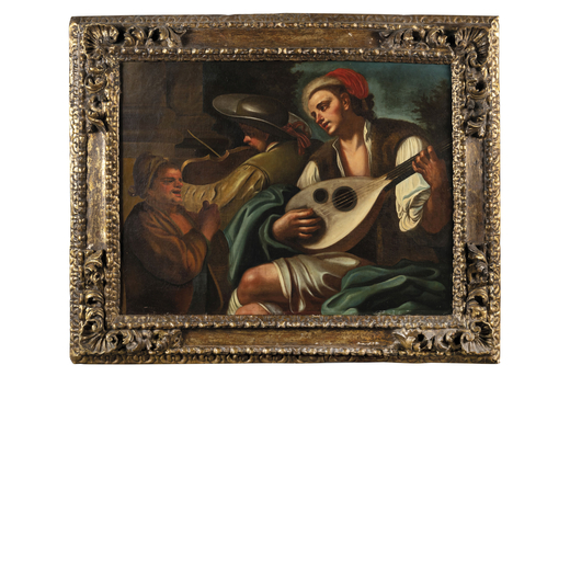 PIETRO BARDELLINO (bottega di) (Napoli, 1732 - 1806)<br>I musicanti <br>Olio su tela, cm 75X99