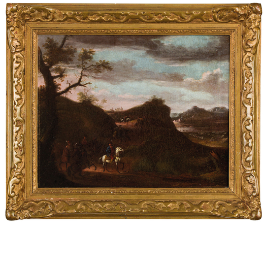 PITTORE DEL XVIII SECOLO Paesaggio con cavaliere<br>Olio su tela, cm 43X34