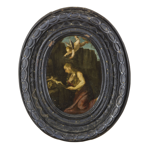PITTORE EMILIANO DEL XVIII SECOLO  Maddalena penitente<br>Olio su rame ovale, cm 19,5X14