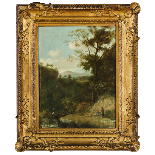 PITTORE DEL XIX SECOLO Paesaggio con viandante<br>Olio su tavola, cm 44X34