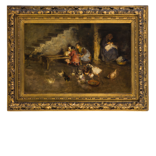MOSÈ BIANCHI Monza (MI) 1840 - 1904<br>Interno di casolare al Gignese <br>Olio su tavola, cm 47X72