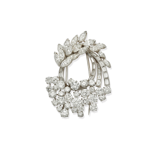 BROCHE EN PLATINE ET DIAMANTS, SIGNÉE MASSONI, 1960 stylisée dun bouquet de fleur orné de diamant