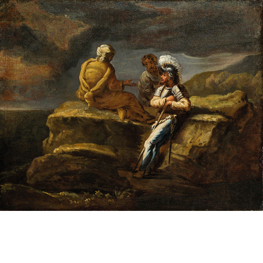 ANDREA LOCATELLI, (attr. a) (Roma, 1695 - 1741)<br>Armigero e due figure in sosta<br>Olio su tela, c