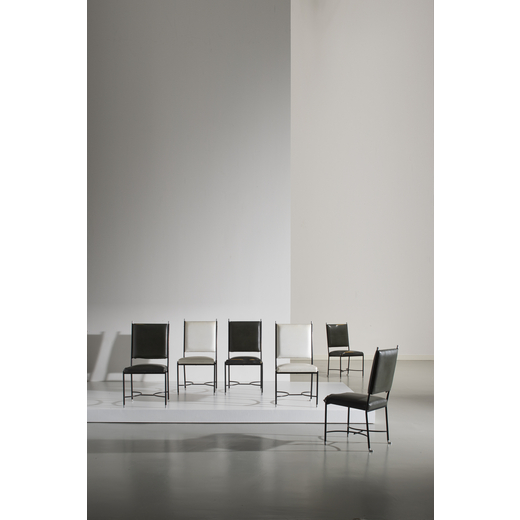MANIFATTURA ITALIANA Sei sedie. Tondino di ferro smaltato, alluminio tornito, vinilpelle imbottita. 