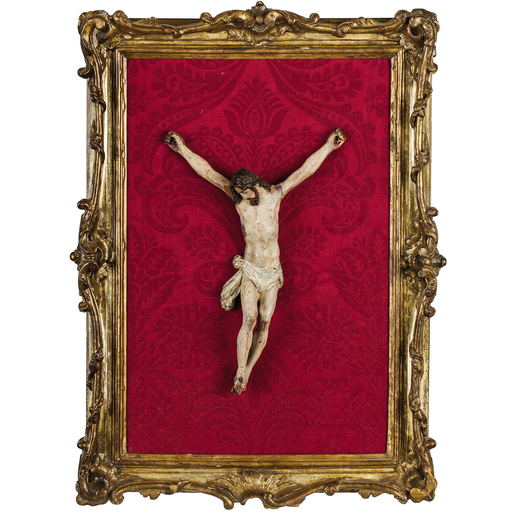 SCULTURA IN LEGNO POLICROMO, XIX SECOLO raffigurante Cristo crocifisso, montato in cornice intagliat