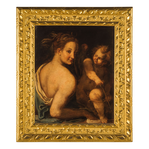PITTORE DEL XVII SECOLO Venere con Amorino<br>Olio su tela, cm 80X60
