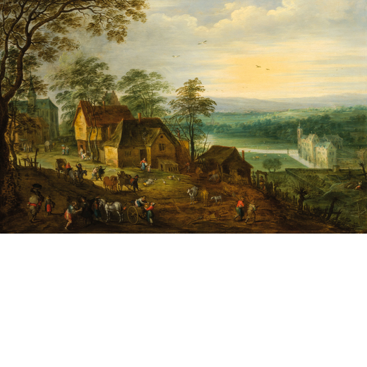 JAN BRUEGHEL IL GIOVANE (Anversa, 1601 - 1678) Paesaggio con villaggio rurale e castello<br>
Olio s