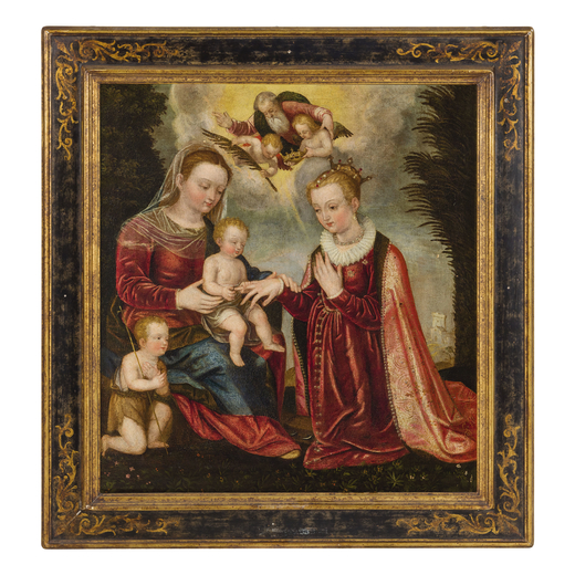 LUCA MOMBELLO  (Orzivecchi, 1518/1520 - 1588/1596)<br>Sposalizio mistico di Santa Caterina<br>Olio s