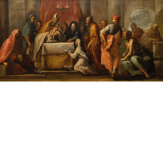 ANTONIO ZANCHI (Este 1631 - Venezia 1722) Presentazione di Gesù al Tempio<br>Olio su tela, cm 151X3