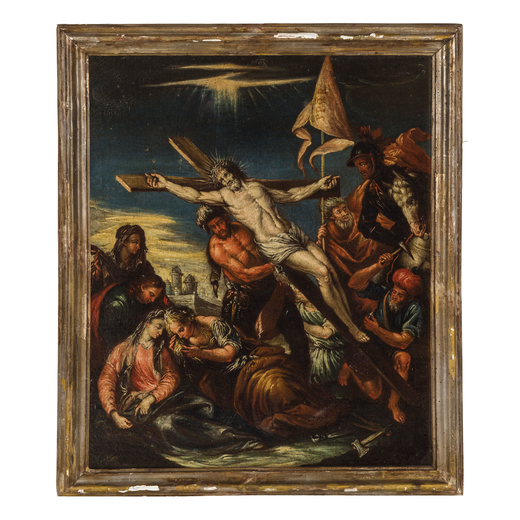 PITTORE DEL XVII-XVIII SECOLO Crocifissione<br>Olio su tela, cm 58X71