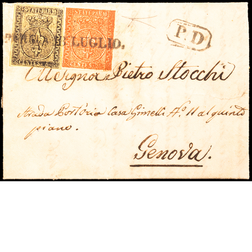 ANTICHI STATI ITALIANI, DUCATO DI PARMA 1852, PRIMA EMISSIONE 5 C. GIALLO IN AFFRANCATURA MISTA CON 