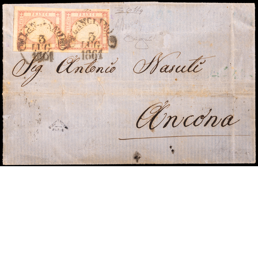 ANTICHI STATI ITALIANI, PROVINCE NAPOLETANE 1861, 5 GR. LILLA COPPIA VERTICALE SU LETTERA<br>spedita