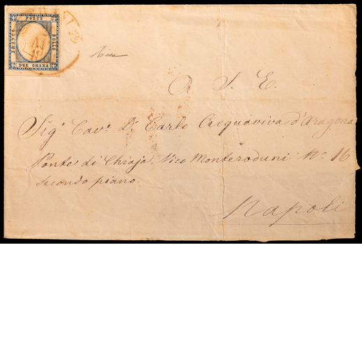 ANTICHI STATI ITALIANI, PROVINCE NAPOLETANE 1861, 2 GR. AZZURRO SU LETTERA QUASI COMPLETA DA TRANI, 