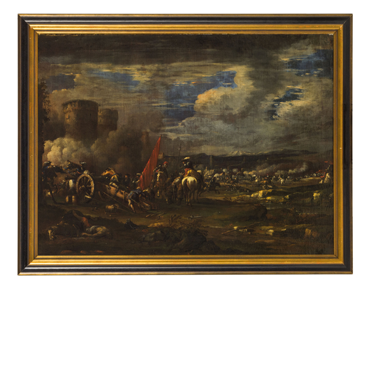 JOHANN ANTON EISMANN (attr. a) (Salzburg, 1604 - Venezia, 1698)<br>Battaglia<br>Olio su tela, cm 87X