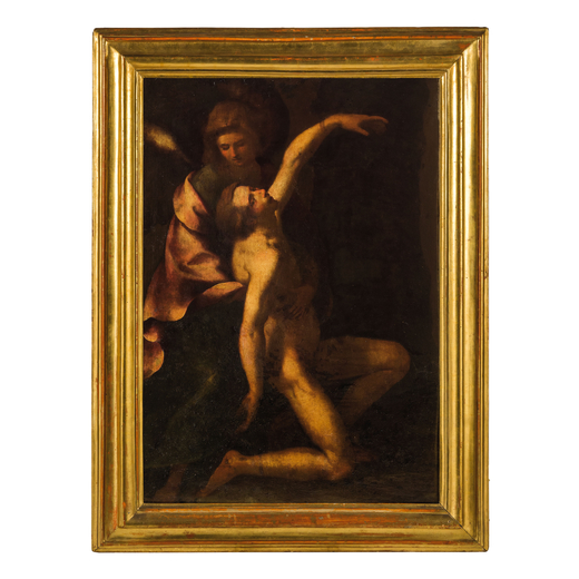 PITTORE DEL XVI SECOLO Santa Irene che cura San Sebastiano<br>Olio su tavola, cm 109X75<br>