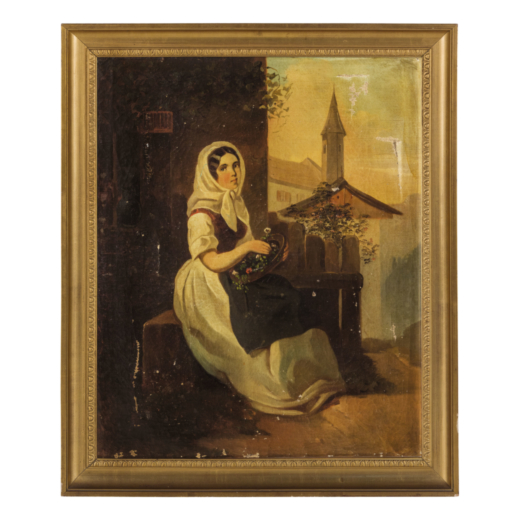 PITTORE DEL XIX - XX SECOLO <br>Paesaggio con contadinella con cesto di fiori <br>Olio su tela, cm 7
