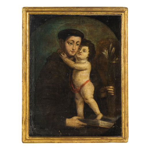 PITTORE DEL XVII SECOLO SantAntonio con Gesù Bambino <br>Olio su tela, cm 63X114