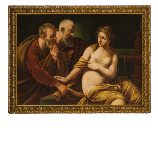 GUIDO RENI (maniera di) (Bologna, 1575 - 1642)<br>Susanna e i vecchioni<br>Olio su tela, cm 112X182