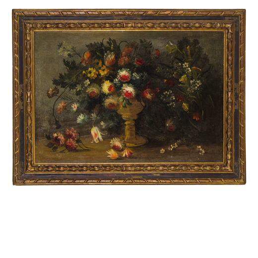 MAESTRO DEI FIORI GUARDESCHI (maniera di) (Belluno, 1722 - 1797)<br>Natura morta con fiori<br>Olio s