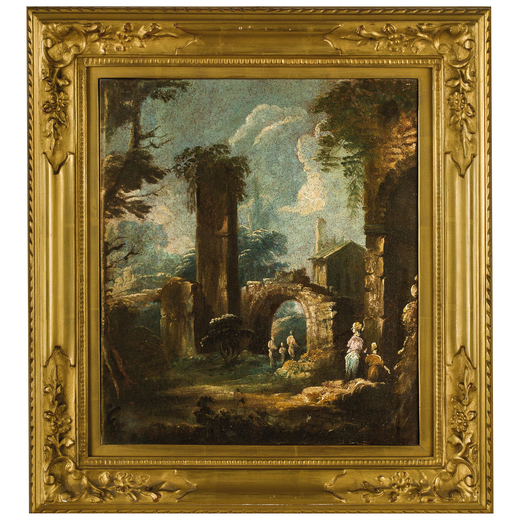 PITTORE DEL XVIII SECOLO Paesaggio con rovine<br>Olio su tela, cm 35,5X32