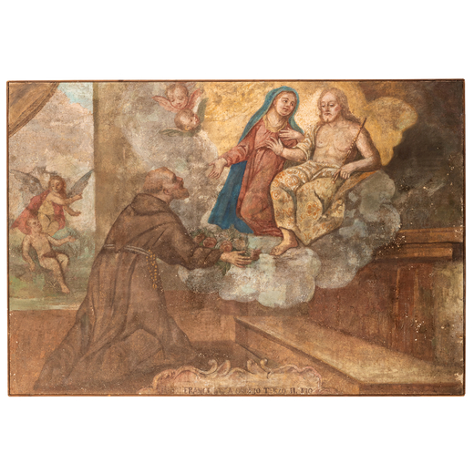 PITTORE DEL XVIII-XIX SECOLO La visione di San Francesco<br>Olio su tela, cm 117X172