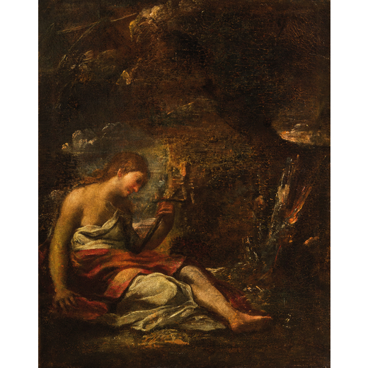 PITTORE DEL XVII SECOLO Maddalena penitente<br>Olio su tela, cm 73X58