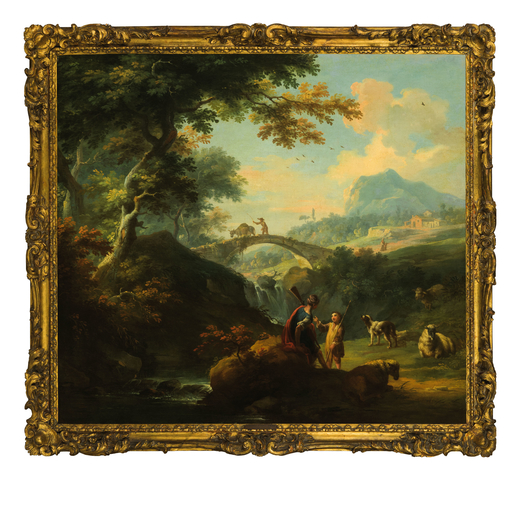 VITTORIO AMEDEO CIGNAROLI (Torino, 1730 - 1800)<br>Paesaggio con pastori<br>Olio su tela, cm 110X122