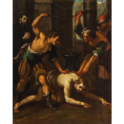 PITTORE LOMBARDO DEL XVII SECOLO Flagellazione <br>Olio su tela, cm 75X59,5