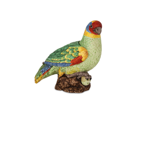 SALSIERA IN MAIOLICA POLICROMA, FORNACE DEL XVIII-XIX SECOLO in forma di pappagallo; danni e difetti